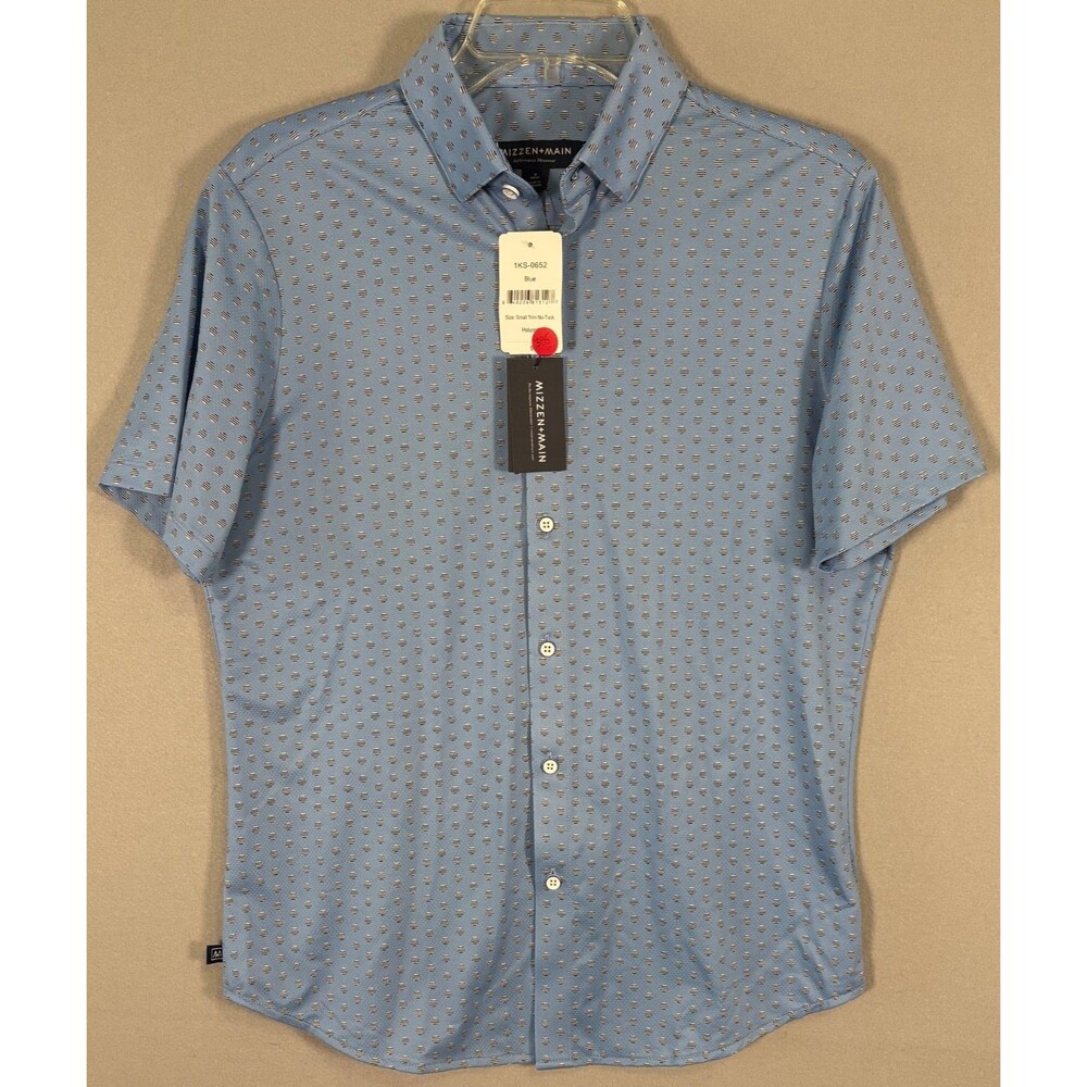 NWT Mizzen Main Performance Menswear Shirt Mens S Blue White Geometric Trim Fit